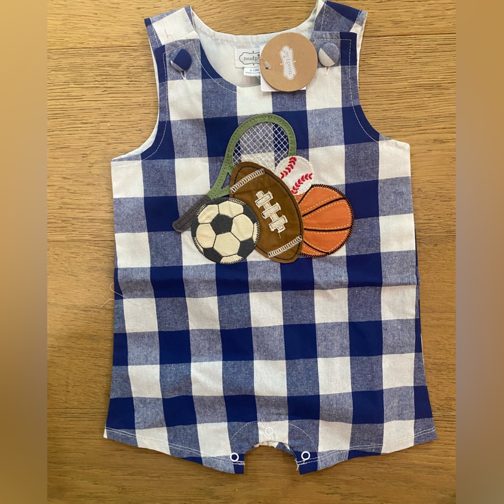 MudPie Blue Checkered boys Jon Jon with Sports Patch size 9-12 NWT
